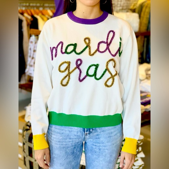 queen of sparkles mardi gras script sweater